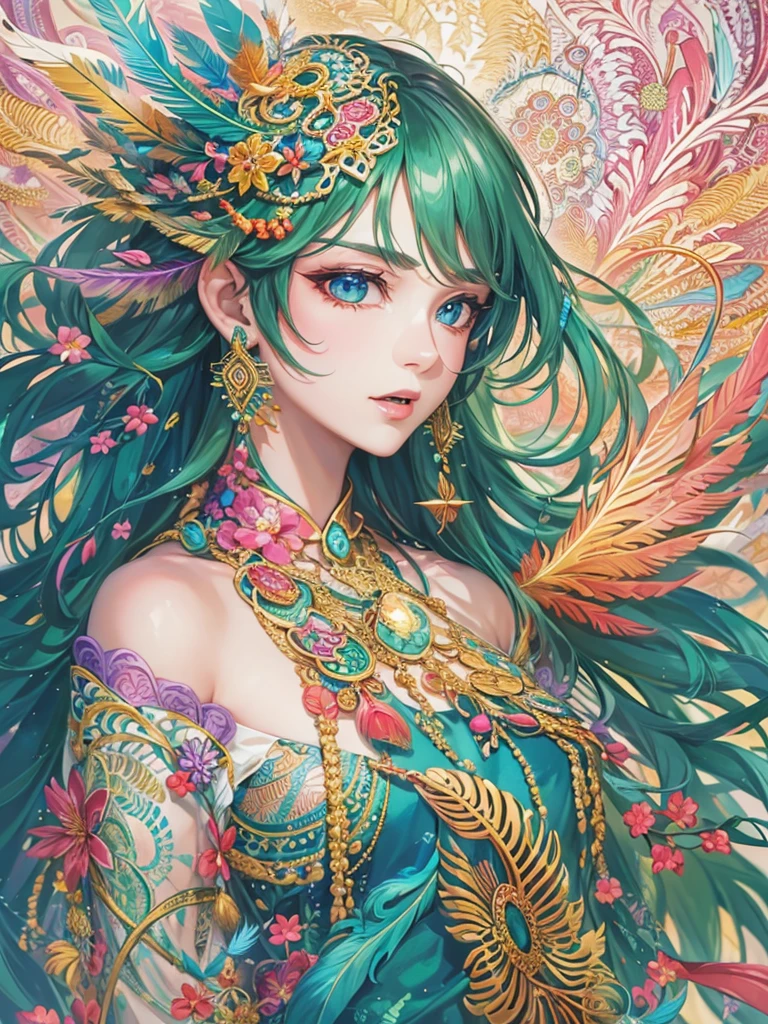 (masterpiece, Top quality, best quality, official art, Beautiful and beautiful: 1.2), (1 girl: 1.3), blue and gold, Very detailed, (fractal art: 1.1), (rich and colorful: 1.1) (flower: 1.3), Extreme details, (Zentangle: 1.4), Long dress sleeves, (abstract background: 1.3), (shiny skin), (Many colors: 1.4), (earrings), (feather: 1.5), (Wind:1.3), emerald, long hair, wrapped in light, Super detailed background, Phoenix礼服, Phoenix, 藍色的flower, Vivid eyes
