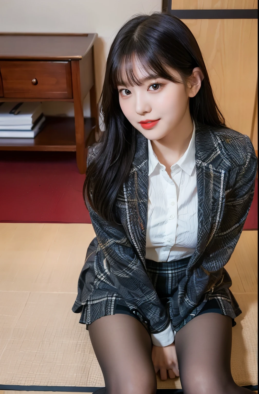 (8K), (highest quality: 1.2), (realistic), (realistic: 1.37), ultra high resolution, 1 girl, cute, smile, closed mouth, beautiful details, beautiful nose, black eyes，beautiful black hair,,giant dulcefo, pork, self snap,University Student Uniform,Sitting on a couch in a fast food restaurant,simple blazer,gray pleated skirt,(The tie has a tartan check pattern...:1.3),(From above),navy high socks
