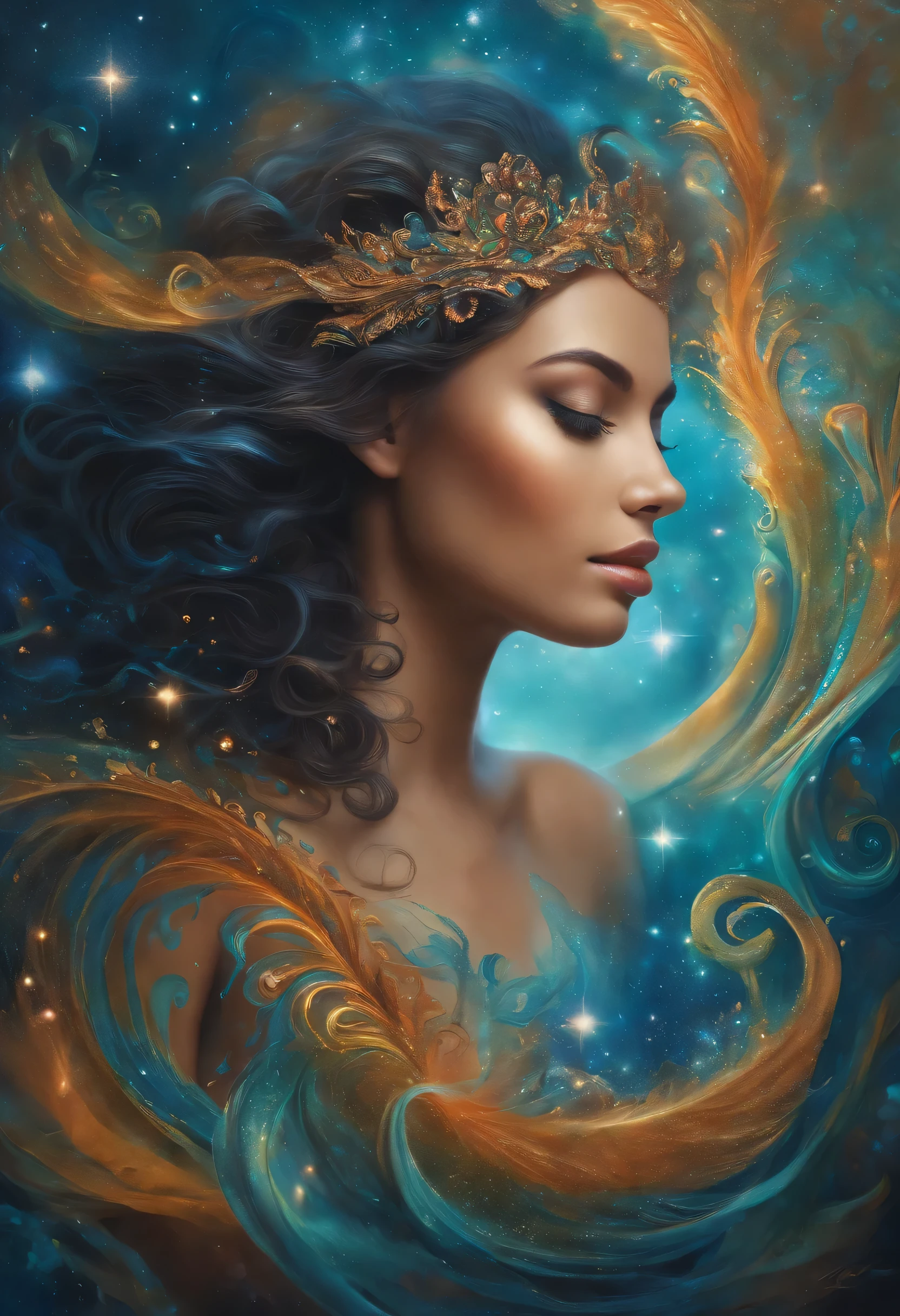 A mesmerizingly intricate Slime girl, each feature meticulously crafted with vibrant colors and surreal details: shimmering tendrils of slime flowing like liquid silk, iridescent patterns swirling across her skin, and eyes that seem to hold galaxies within. This breathtaking masterpiece of surrealism is a painting that exudes a sense of otherworldly beauty and meticulous attention to detail, captivating viewers with its high quality execution and dreamlike allure.