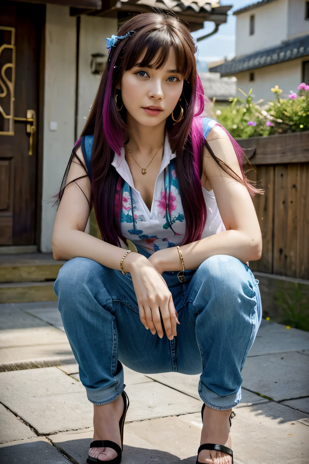 vibrant colors, female, 35 year old, masterpiece, sharp focus, best quality, look at me, cinematic lighting, very long hair, blue eyes, cut hair, pink hoodie animal painting, long hair, cute eyes, flowers, earrings, jewelry, blue jeans, high heels, hair ornament, bangs, chinese clothes, breasts, china armor, sleeveless, in the beach