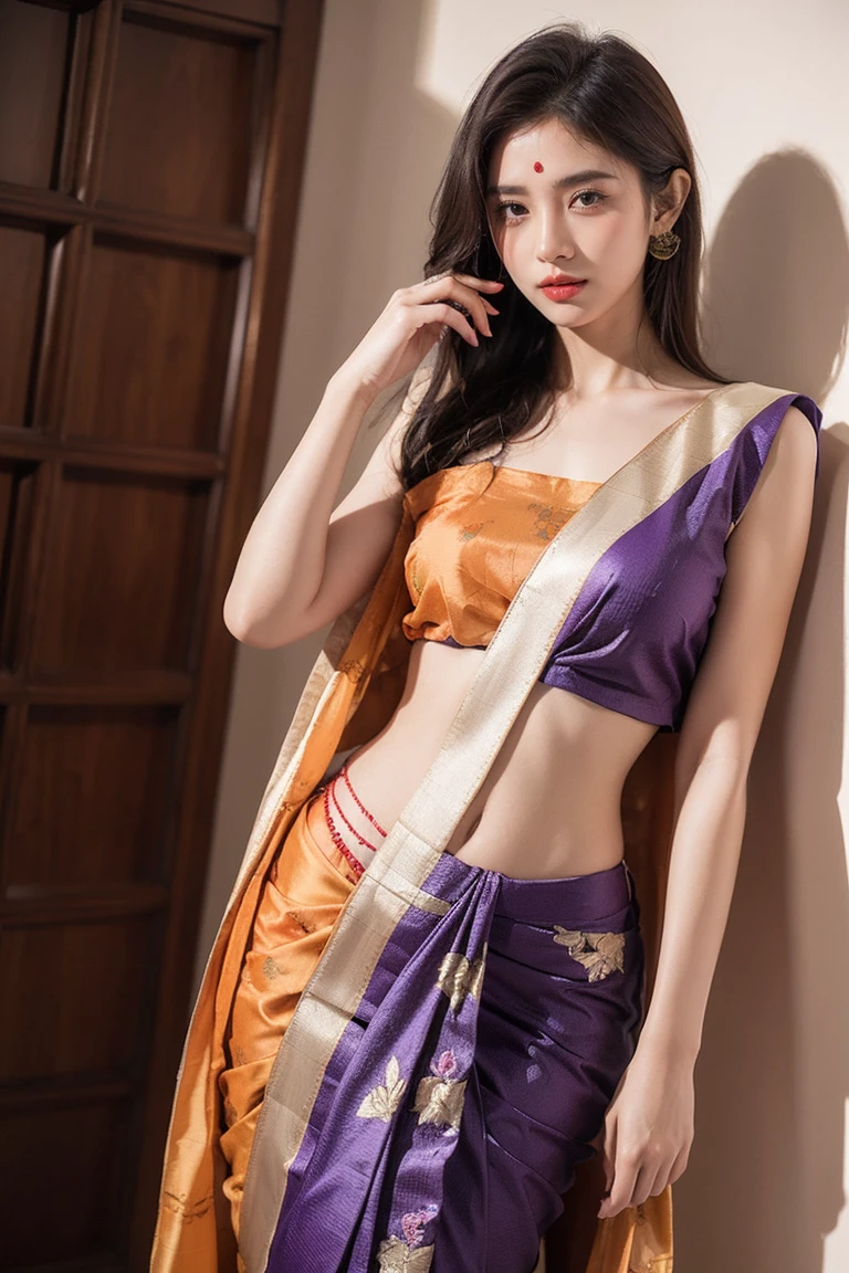  Off white printed silk saree with orange and purple embroidery. Unstitched blouse piece attached at the end of saree. Blouse shown in the photo is a styling suggestion, it is not a part of the actual product.