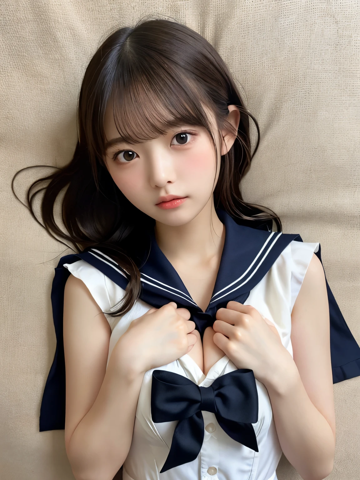 (professional portrait、professional writing)、highest quality, (anatomically correct arm:1.3), Detailed workmanship、high resolution、(8K, High resolution:1.2)、(RAW photo, photorealistic:1.3)、masterpiece、slender body shape、high definition face、Face is in focus、high definition eyes、(Focused, symmetrical pupils:1.2)、High-definition and beautiful skin、firm skin、natural makeup、gross lip, High-definition hair texture、 Japanese high school girl、17 years old、classroom、(sailor suit:1.3), (lying down on one’s back:1.3), (hugging own chest tightly by arms:1.3), very cute, (very embarrassed:1.2), (blush:1.1), (afraid:1.3), (Glaring at the camera:1.3)、(shot from above:1.2), open mouth:1.1, cleavage