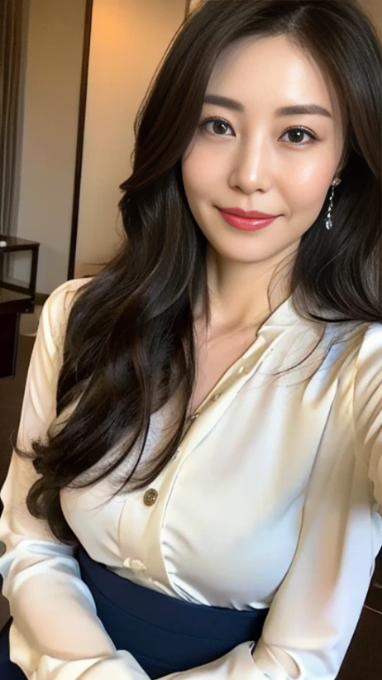 最high quality, 8K, lively, sharp focus, high quality, High resolution, middle-aged women, mature woman, 49 years old, (Full body Esbian), (Detailed face wearing high heels, highly detailed eyes, thick lips, plump body shape、plump face、((big breasts 1.6))、((On a white blouse))、navy blue tight skirt、Love hotel room、random hairstyle、gentle smile、