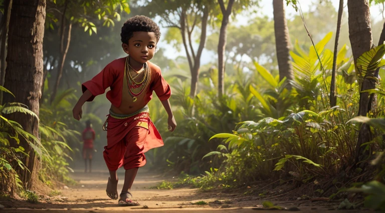 A boy in Indian clothes, roupas cor vermelha, cor de Pele preta, ****** negro, indigenous boy, pulando arbustos  no meio da floresta, ele esta correndo na mata, roupa africano vermelha, ****** africano