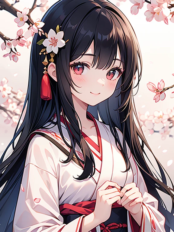 masterpiece, best quality, ultra-detailed, illustration, cute, Girl, Solo, face focus, Black hair, long hair, blouse, smile, wearing japanese kimono, cherry blossoms