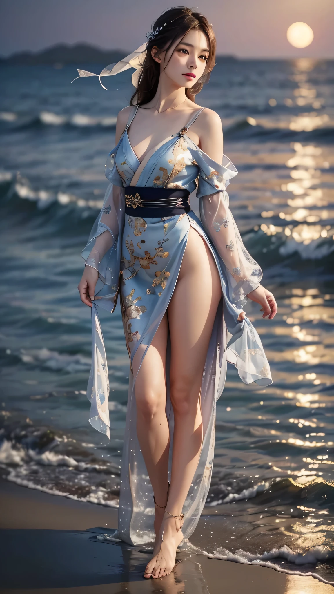 (Close-up:1.4)、(RAW photo:1.2)、(photorealistic:1.4)、(masterpiece:1.3)、(highest quality:1.ung japanese woman、(night scenery:1.2)、thin clothes、Very beautiful lovely most beautiful girl、Put one foot in the sea、standing on tiptoe、pretty girl、Landscape、Between the horizon and the sea、view from the side、Ripples spreading from the toes、Standing about 20 meters away、on the sea、The whole scene shineeteors、illumination、