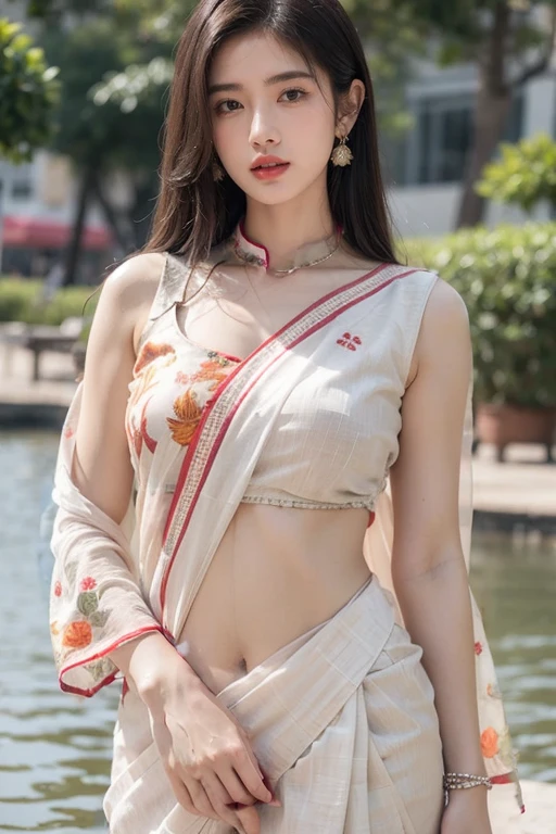 Off white printed silk saree with orange and purple embroidery. Unstitched blouse piece attached at the end of saree. Blouse shown in the photo is a styling suggestion, it is not a part of the actual product.