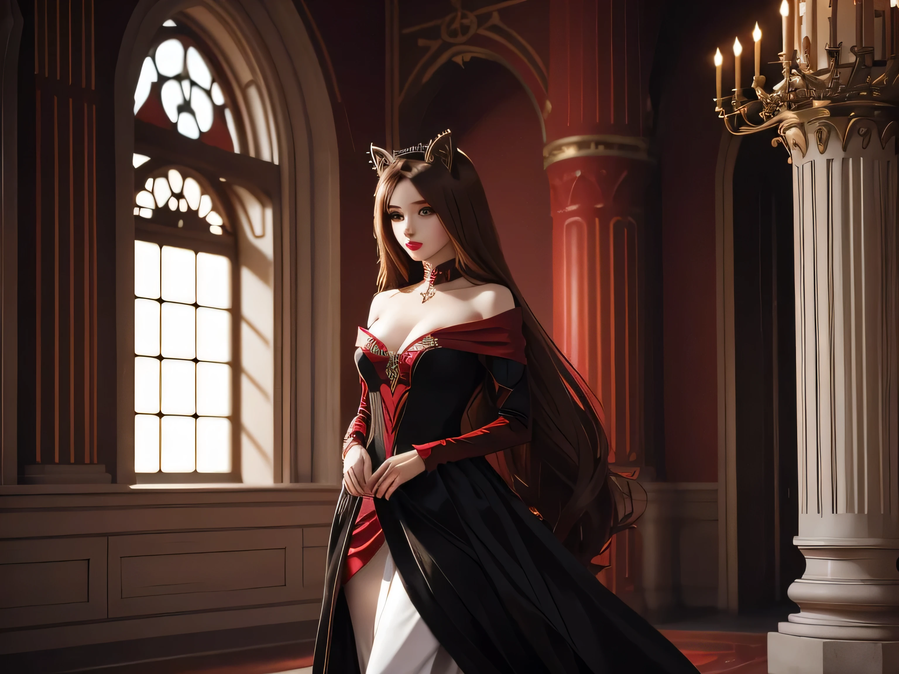 beautiful girl with beautiful light brown eyes and long red colour drill like hair, dark eyeshades and red lipstick, dressed in long black and red dress meet white feline queen dressed in royal dress when walkin in beautiful fantasy flower valley under silver moon, elegant glamourous dress, seductive anime girl, small size brest girl, ig character, digital art, anime style, beautiful face, cute anime gil, girl meet feline queen, 4k