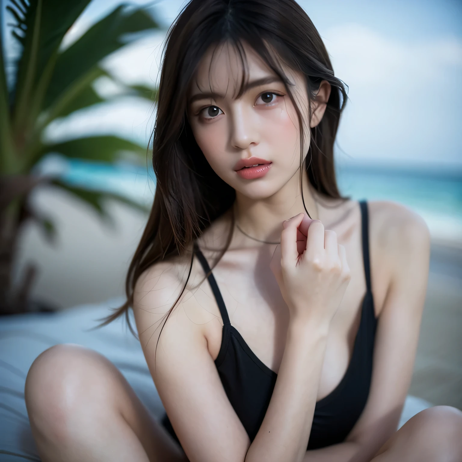 ((highest quality)), (be familiar with), beautiful girl, very huge tits, Japanese girl, baby face, highly detailed eyes, highly detailed nose, highly detailed mouth, beautiful feet, swimsuit, beautiful hand, beautiful arms, palm tree, beach, perfect anatomy :1.4, highly detailed face, one person, no cut, outdoor, accurate body, glamor, whole body, chiaroscuro, ((masterpiece)), 16k, textured skin, super detail