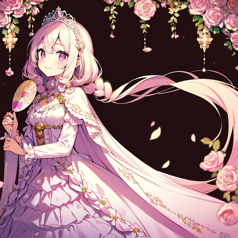 (kawaii),(best quality),(ultra detailed),(rococo style),(long train pastel pink cape:1.15), very long cape,(long train white ball gown with flower decorations:1.1), a girl is wearing a cape over her gown,(she has a western style fan:1.05), 1 little princess, tiara, smile, very long hair, small breasts, beautiful detailed eyes, beautiful detailed lips