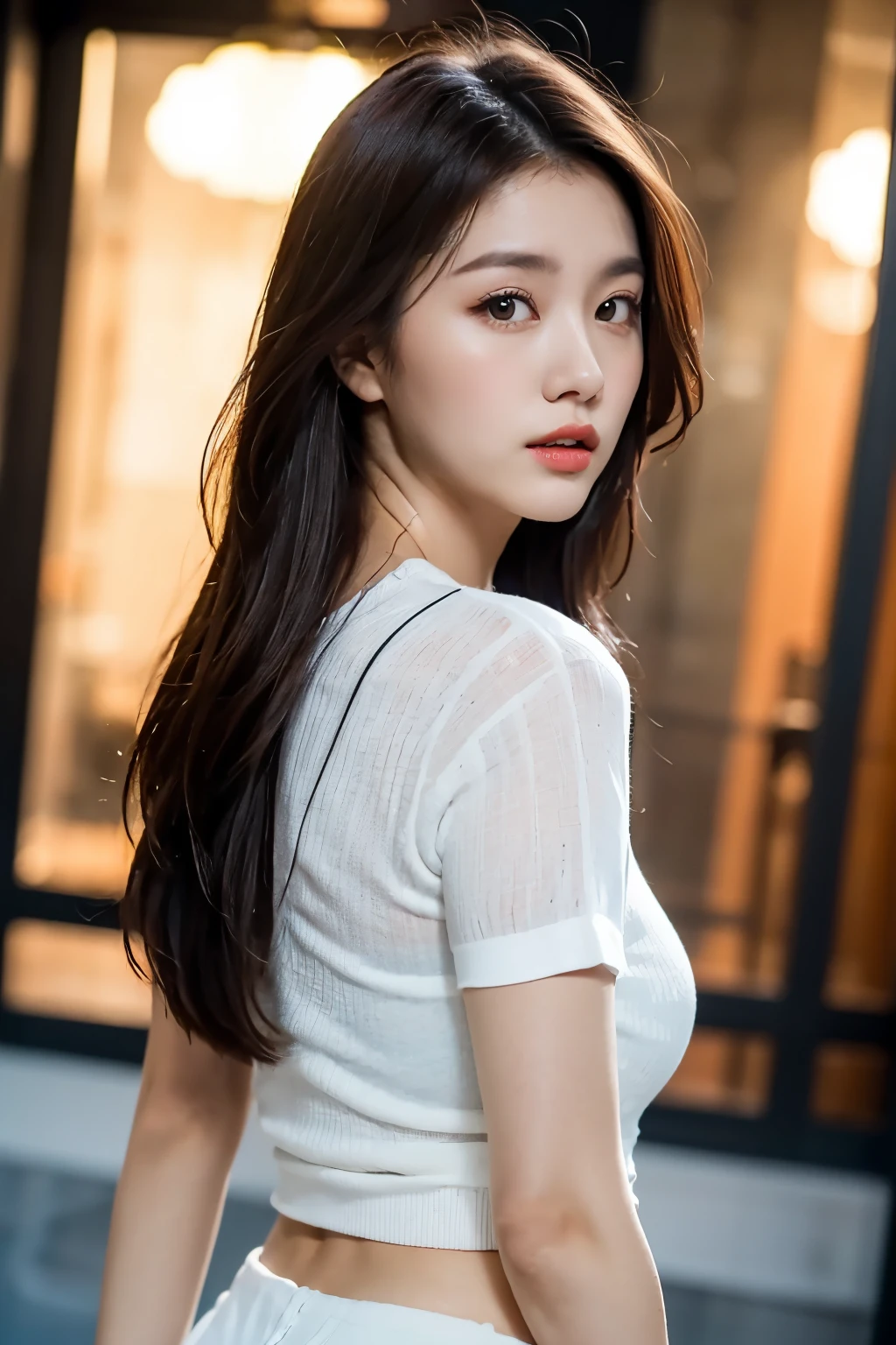 ulzzang-6500-v1.1, (Raw photo:1.2), (Photoreal), beautiful detailed girl, (genuine: 1.4), very detailed目と顔, beautiful and fine eyes, huge file size, High resolution, very detailed, highest quality, [masterpiece:1.6], enlightenment, very detailed, nffsw, finely, highest quality, 8k wallpaper, movie lighting, 1 girl, 17 years old, perfect body shape, Cute sagging eyes、beautiful big eyeuste piece)), highest quality, 1 girl, eye shadow, Upper body, portrait,