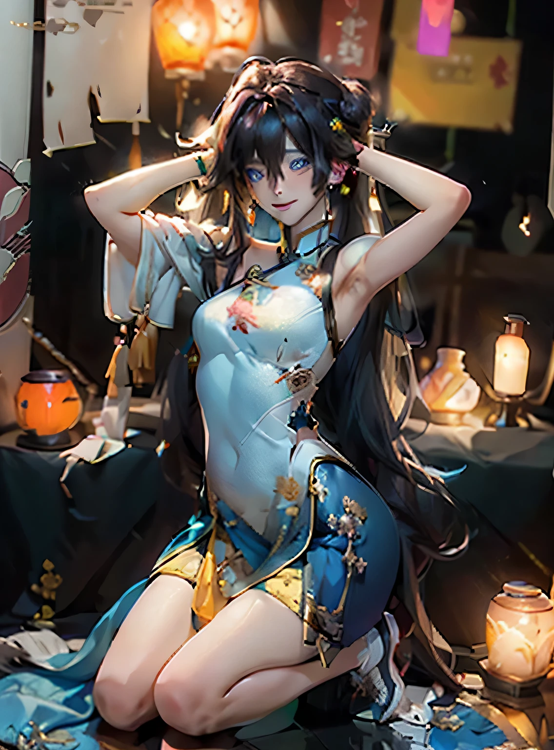 (masterpiece), (best quality), (ultra detailed),(illustration), (1girl), ((small breast:1.5)),(Wearing a Unique Aodai ), Fashion model, looking at viewer, (interview), (simple background),beautiful detailed eyes, delicate beautiful face,(high saturation),(colorful splashes),colorful bubble,(shining), focus on face, (( Jet hair)), bangs ,(( shoulder lenght hairs:1.5 )).Girl, anime waifu,((small breast:1.5)), highlydetailed, reflections transparent iridescent colors, long transparent iridescent RGB hair, artby Serafleur from artstation, thick acrylic,illustration on pixiv, waist up portrait, gorgeoussacred girl, best quality, ultra detailed,sad,clever,beautiful face , beautiful lighton black background, Character stvle renderedby Octane,cute emotion, cute smile, ((Delft Blue Eyes)),big pupils,((Egyptian Blue unique Aodai with Ultra Violei mofits pattern))