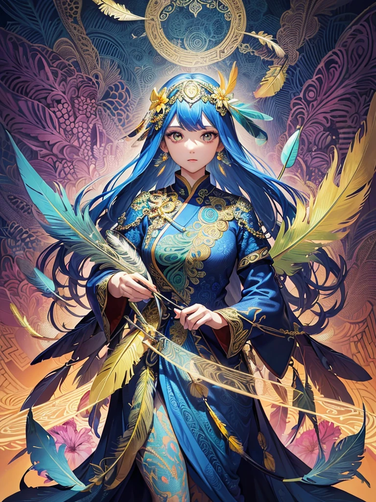 (masterpiece, Top quality, best quality, official art, Beautiful and beautiful: 1.2), (1 girl: 1.3), blue and gold, Very detailed, (fractal art: 1.1), (rich and colorful: 1.1) (flower: 1.3), Extreme details, (Zentangle: 1.4), Long dress sleeves, (abstract background: 1.3), (shiny skin), (Many colors: 1.4), (earrings), (feather: 1.5), (Wind:1.3), emerald, long hair, wrapped in light, Super detailed background, Phoenix礼服, Phoenix, 藍色的flower, Vivid eyes