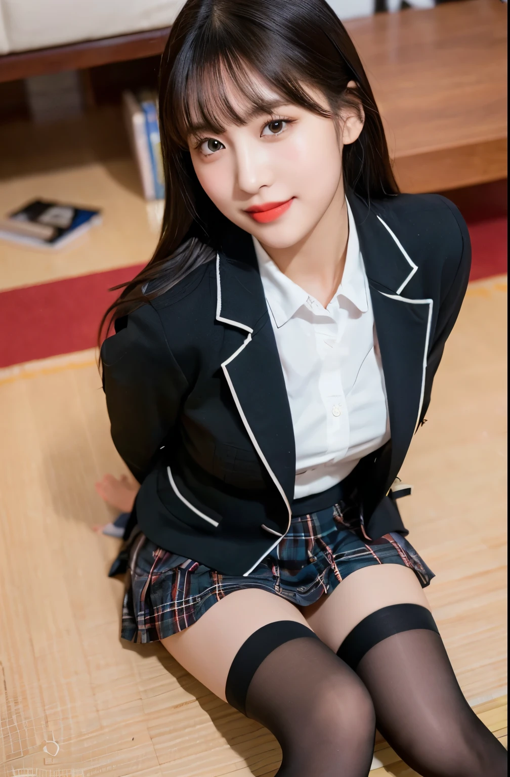 (8K), (highest quality: 1.2), (realistic), (realistic: 1.47), ultra high resolution, 1 girl, cute, smile, closed mouth, (thick lips:1.1),red lip,Mouth in a kissing position,beautiful details, beautiful nose,(straight black hair), giant dulcefo, pork,self snap,University Student Uniform,white shirt,(Sitting on tatami mats),(drink tea),simple blazer, pleated skirt,(The skirt has a plaid pattern:1.2),cross your legs, From above,(close up on face:1.3),thighs,ponytail,opaque tights