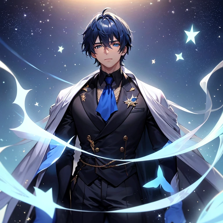 male with a bluish aura surrounding him that shines like the stars. Su pelo es negro como la noche y esta peinado y trenzado con un aspecto hermoso y llamativo. His eyes are a light cerulean blue that shine with a sky blue glow.. Su figura es delgada y estilizada, sus manos y brazos tienen un tono azul hermoso. And he's dressed in an emperor's suit