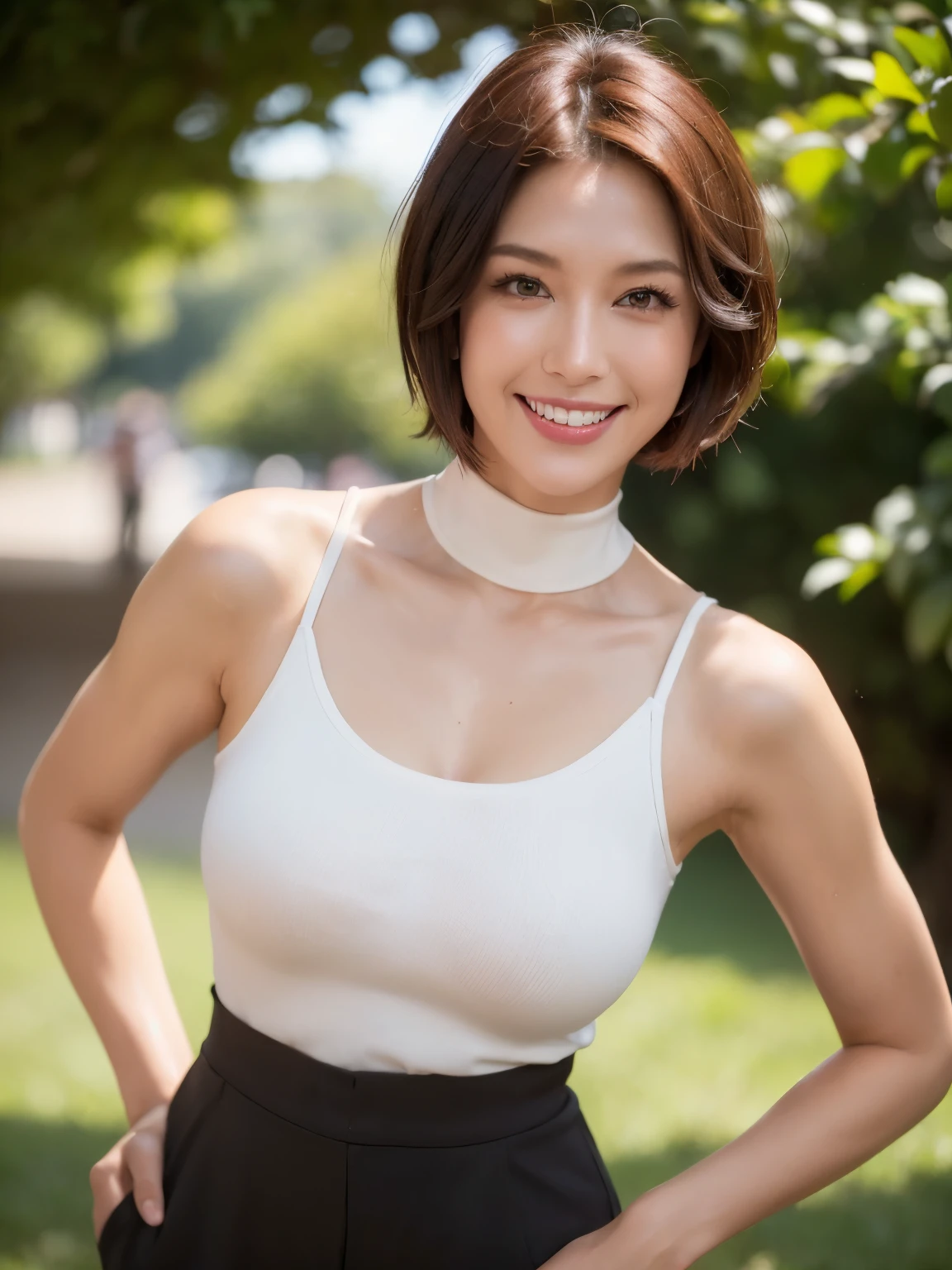 (38 years old), (Black High Neck Sleeveless Shirt:1.2),(white wool pants)、 double eyelid, eyelash, Red lip gloss, (smile:1), ((close your eyes:0.85)), (looking at the viewer、Are standing), (From above:0.2)、尖ったred mouth、(reddish brown wet shiny short hair),red mouth,clavicle、 (Photoreal:1.3),(Raw photo),(woman standing in front of an old castle, Beautiful lawn, Squirting, Bright sunlight in the city of Modena, Italy) , 8K, Super detailed, highest quality, rough skin, anatomically correct, masterpiece , highest quality, cinematic lighting, Use perspective throughout , surrealism , ,(realistic:1. 3),(Raw photo) , black hair, light smile, short hair, bob cut, anaglyph, stereogram, (mature woman:1), (38 years old), ((close:0.5)), glare, double eyelids, lip gloss, (smile:1), ((close your eyes:0.85)), red mouth, clavicle, ((looking at the viewer)), (short hair of reddish-brown color wet and shiny,), (I can see the whole body) , Slightly thick body type , I opened my eyes wide. , perfectly round eyes , fine texture