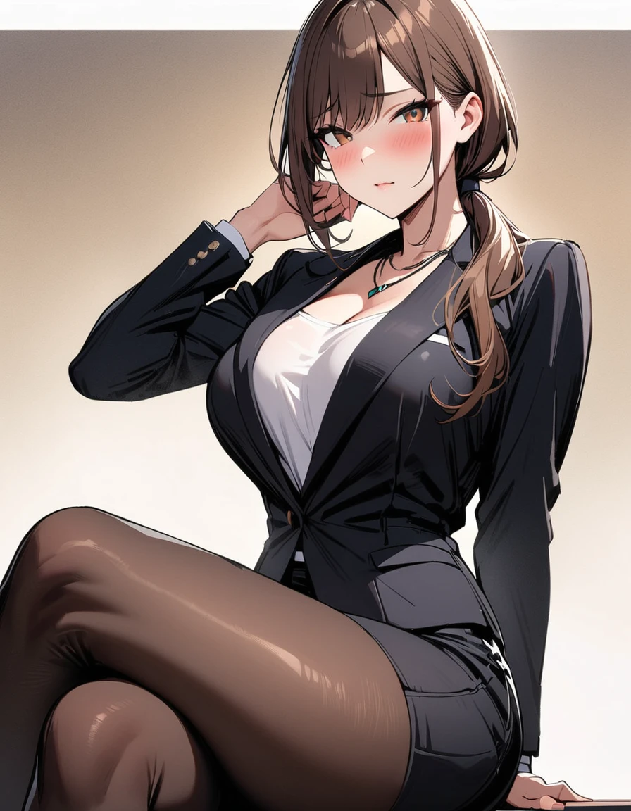 masterpiece, highest quality, 1girl, standing, solo, big breasts, slender waist, thick thighs ,skirt suit, pencil skirt, suit, formal, necklace, pantyhose, skirt, Brown hair, low ponytail, brown eyes, looking at viewer,sitting, crossed legs , shy face, blush, Takng off her suit