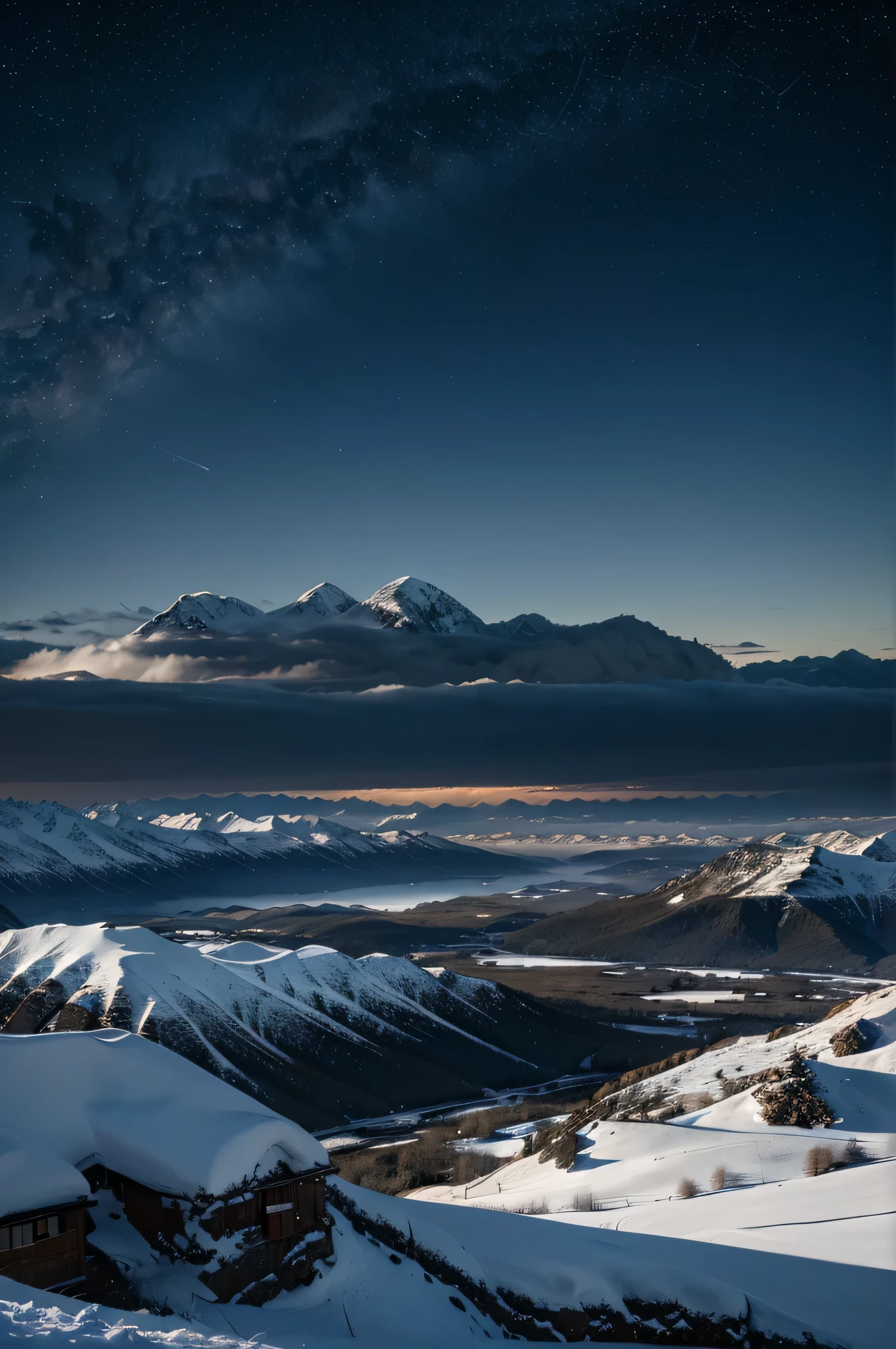 Wallpaper for my large horizontal iPad with the best possible resolution. It's about a dark landscape with snowy mountains and stars in the sky.