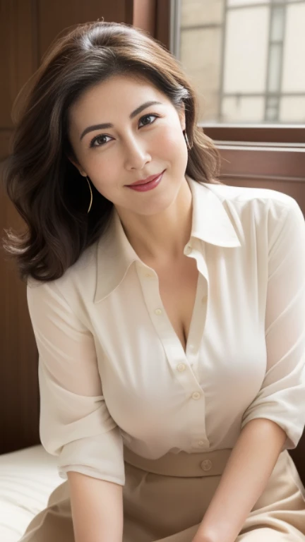 ((photograph))、((real photo)), (masterpiece, highest quality),hot ((mature woman)),Sitting on bed in bedroom,wide hips、big breasts,saggy breasts, (slicked back hair), white collared blouse、Only the top button is undone、The chest is hidden、long skirt、 smile, face-to-face audience, cupboard, stove, window, Japanese、((plump 1.8))、(((plump mature woman1.4)))、((big breasts1.8))、bbw, eyes half closed、 Put your hands together and place them between your thighs、gentle smile、Brown hair semi-long hair、