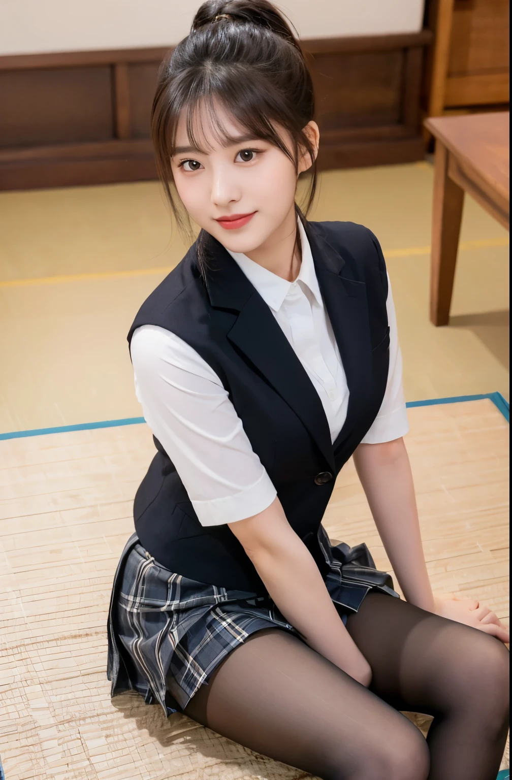 ulzzang-6500-v1.1, (Raw photo:1.2), (Photoreal),(genuine: 1.4), (muste piece), highest quality, shape, Super detailed, finely, High resolution, 8k wallpaper, 完璧なダイナミックな構shape, beautiful and detailed eyes, There is a woman squatting in the room., (super realistic pantyhose:1.3), Beast, japanese , seifuku, Chiho, sakimichan, cute , Yoshitomo Nara, various poses, japanese girl uniform, wearing Japanese , reluvy5213, wearing a principal&#39;s uniform