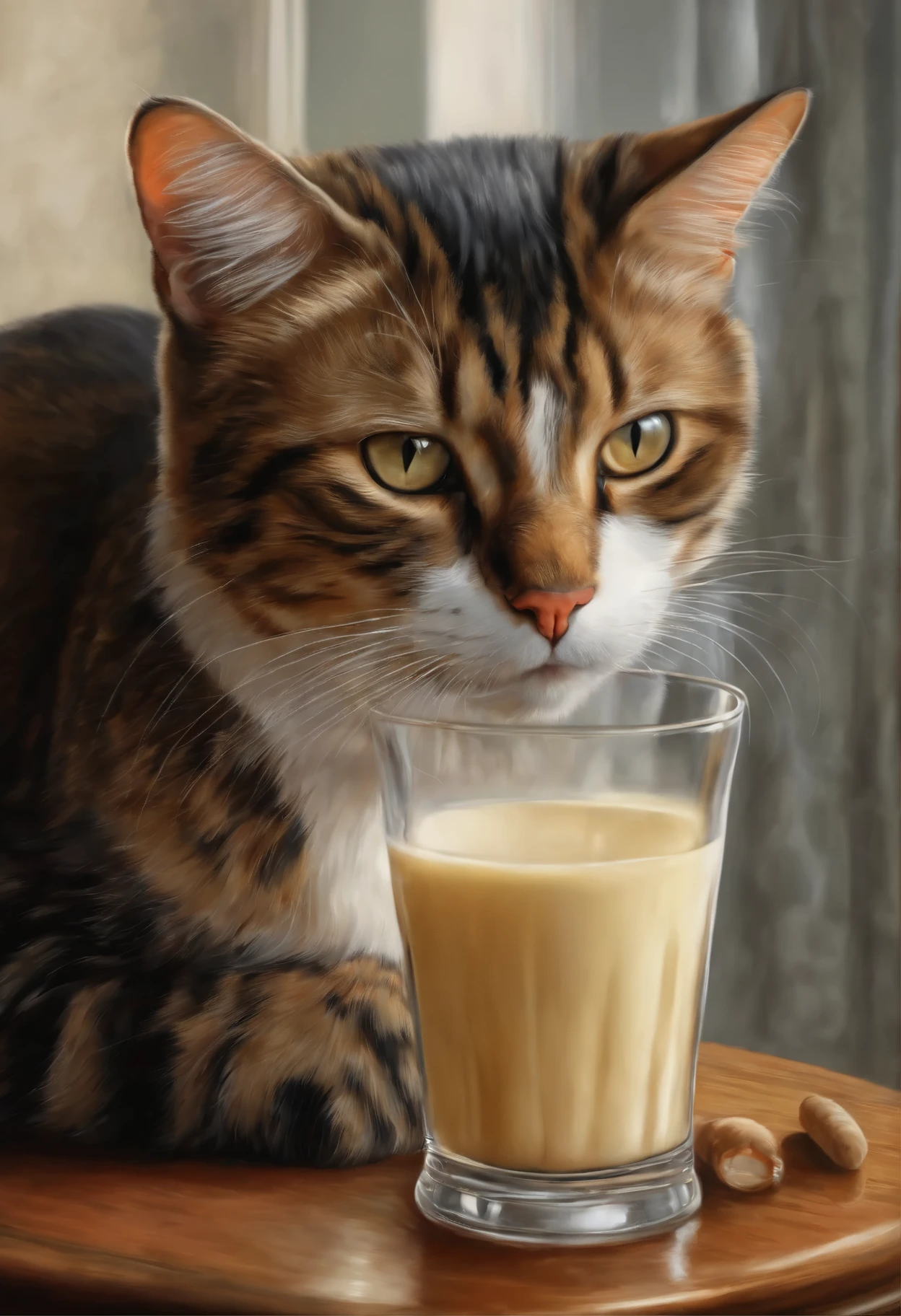 There was a cat sitting next to a glass of milk, cat drinking milk, Illustration of 1 cat, Ultra-Realistic Illustrations, Ultra-Realistic Illustrations, Hyper-realistic illustration, A cat. Realistic painting, author:Wayne England, Realistic illustration, Ultra-Realistic Illustrations, Portrait, Close portrait, Award-winning surrealism, author:Lisa Mirroy, by Galen Dara