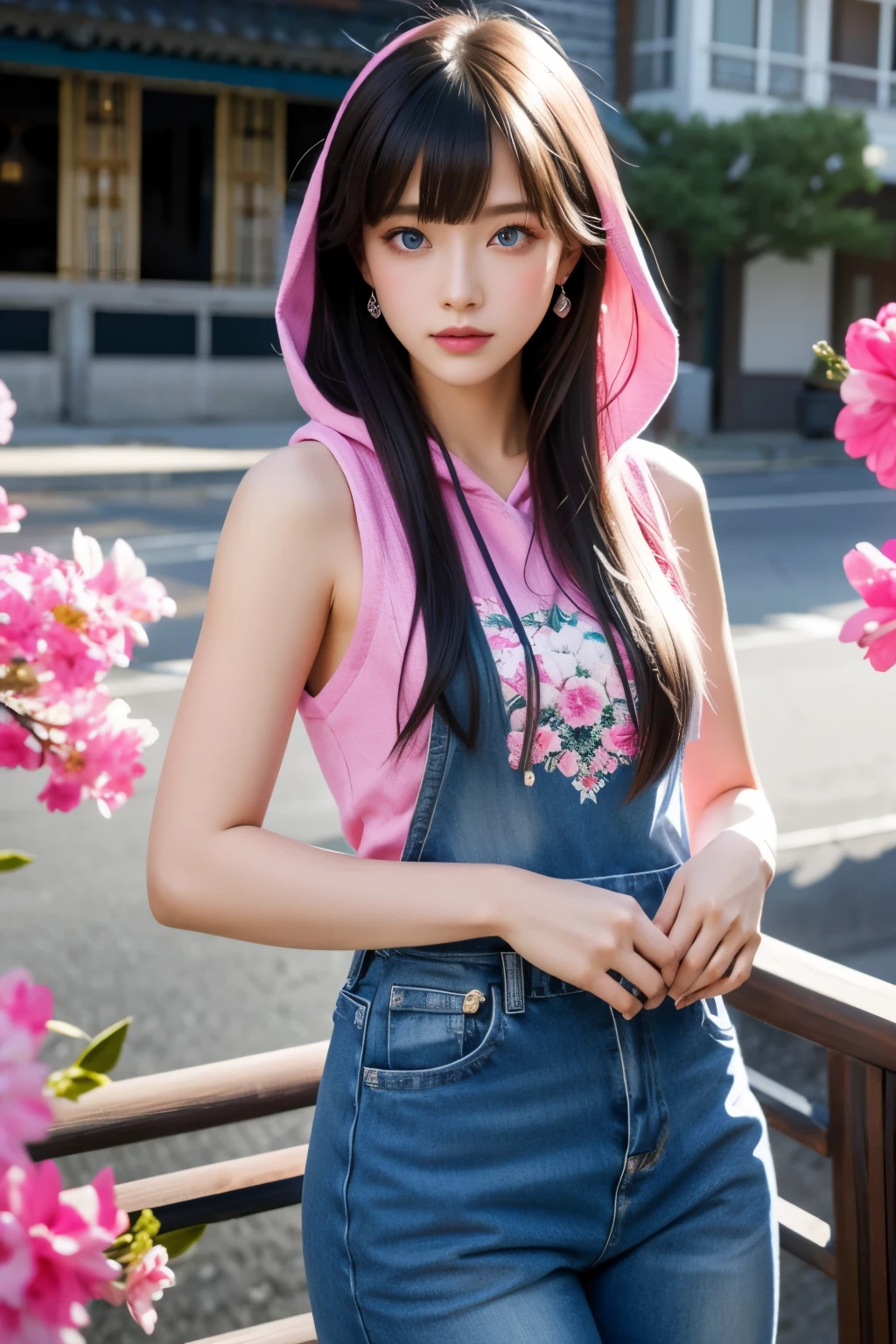 vibrant colors, female, 35 year old, masterpiece, sharp focus, best quality, look at me, cinematic lighting, very long hair, blue eyes, cut hair, pink hoodie animal painting, long hair, cute eyes, flowers, earrings, jewelry, blue jeans, high heels, hair ornament, bangs, chinese clothes, breasts, china armor, sleeveless, in the beach