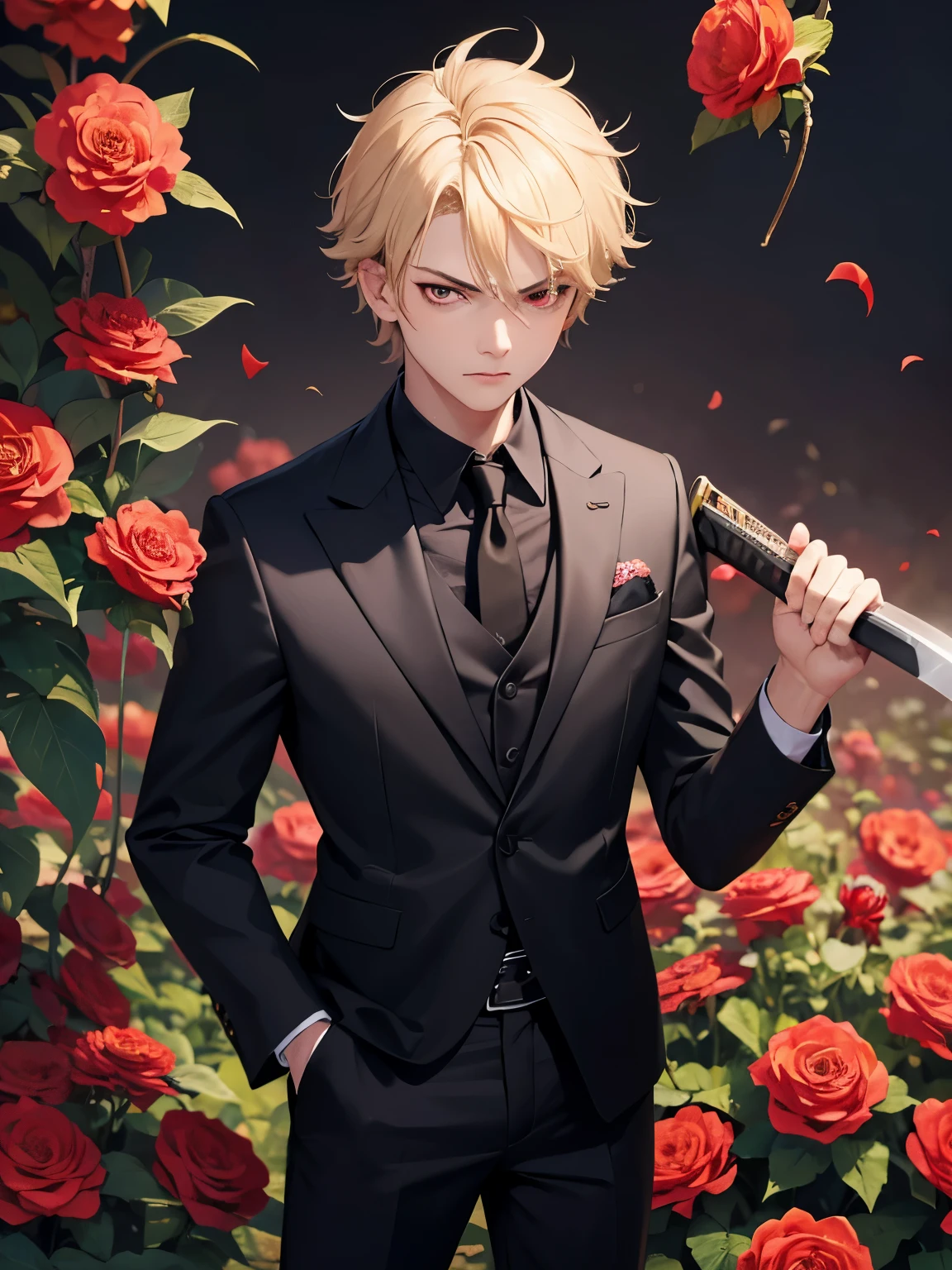 1boy,handsome,15 years old,Standing,Flower garden background,half body photo,Holding a katana, angry expression,Perfect face, HD face, ultra detailed face, short hair, blonde hair, messy hair, bright red eyes, vampire, black shirt, black trousers, red tie, ultra detailed, ultra HD