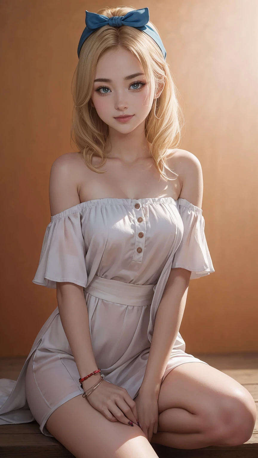 blonde hair, gradient hair, hair over shoulder, hair behind ear, longeyelashes, light smile, Surrealism, depth of field, atmospheric perspective, foreshortening, UHD, anatomically correct, highres, 16k、A 22-year-old extremely beautiful white woman、Her hair color is platinum blonde、blue eyeedium hair、straight hair、The hair is shiny、The skin is lustrous、smile、Slender but well-proportioned muscular body、Athlete-like body type、I don&#39;t want my head to disappear from the screen.、Wearing accessories on your wrist、Wearing red nail polish、I have a peticure、Gradient color hairstyle ((gradient hair))
、long hair ((long hair))、headband((hairband))、Wear an off-the-shoulder bodycon outfit、wear stiletto heels、pastel orange background、smile((smile))