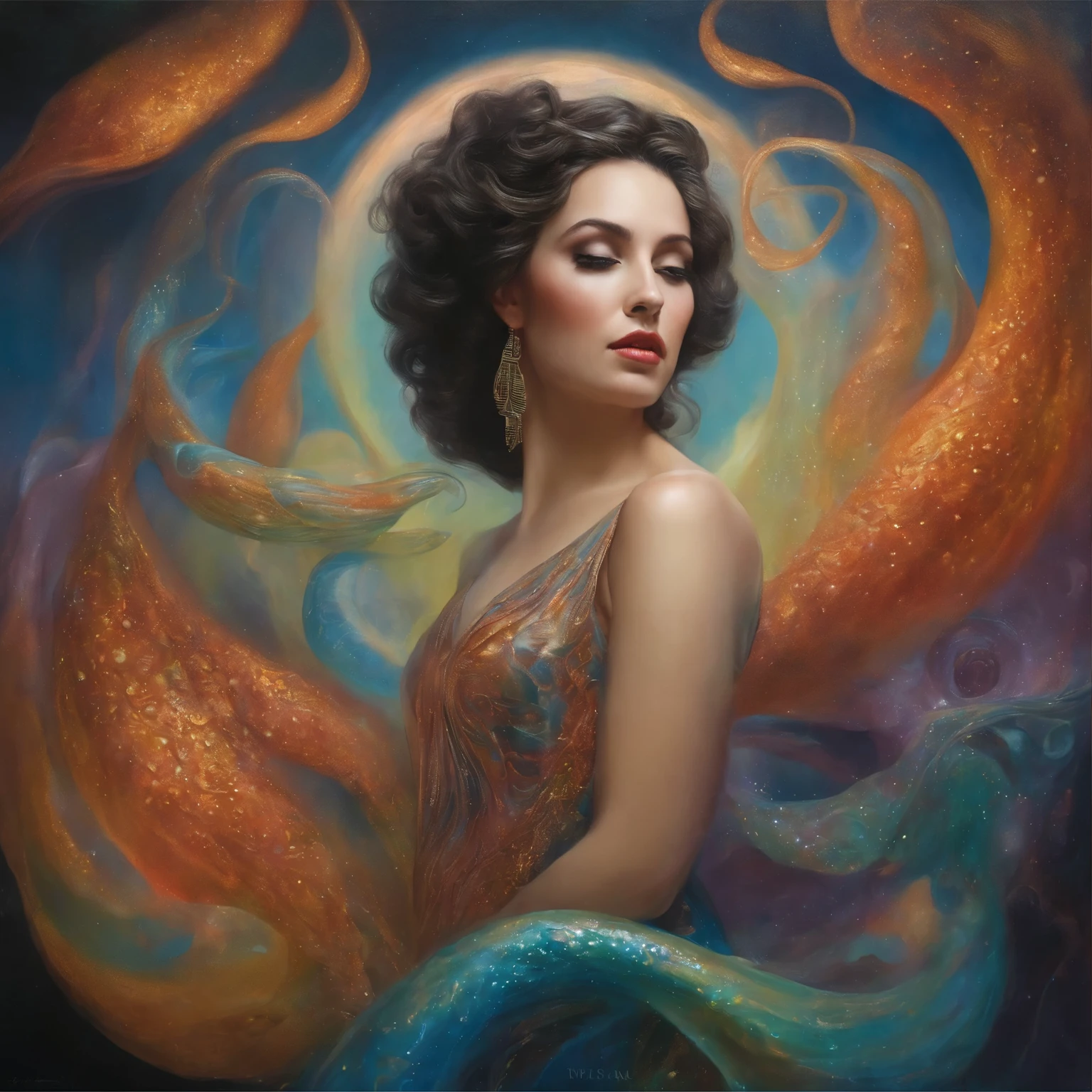 A mesmerizingly intricate Slime girl, each feature meticulously crafted with vibrant colors and surreal details: shimmering tendrils of slime flowing like liquid silk, iridescent patterns swirling across her skin, and eyes that seem to hold galaxies within. This breathtaking masterpiece of surrealism is a painting that exudes a sense of otherworldly beauty and meticulous attention to detail, captivating viewers with its high quality execution and dreamlike allure.vintage, neo-noir, Super detail, Photorealism, Hyperrealism, minimalism, Art photography, Super quality