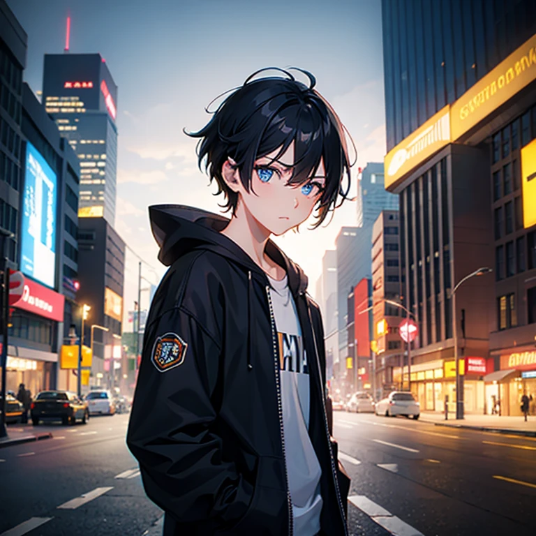 masterpiece, best quality, night, city, neon lights, looking at viewer, upper body, 1boy, black and blue hair, short hair, male hair, black and blue eyes, black and blue hoodie, rolled-up sleeves, emotionless, half-closed eyes