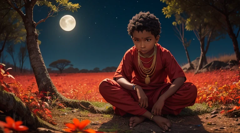 A boy in Indian clothes, roupas cor vermelha, cor de Pele preta, ****** negro, indigenous boy, pulando arbustos  no meio da floresta, a noite, ele esta correndo na mata, roupa africano vermelha, ****** africano, esta de noite, moon in the sky 