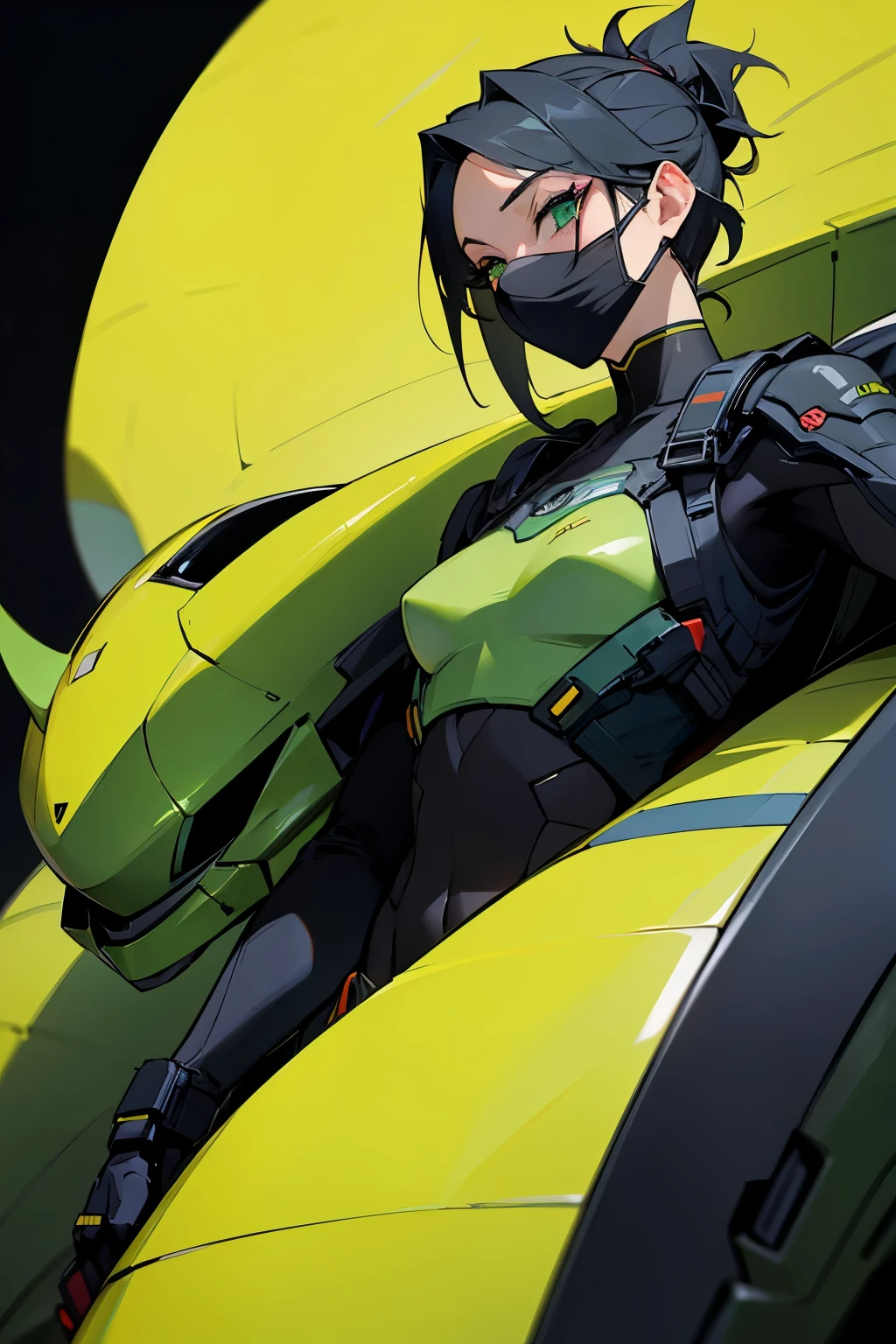 Viper but make it green with black hair and a mask and a little gas and a dark background