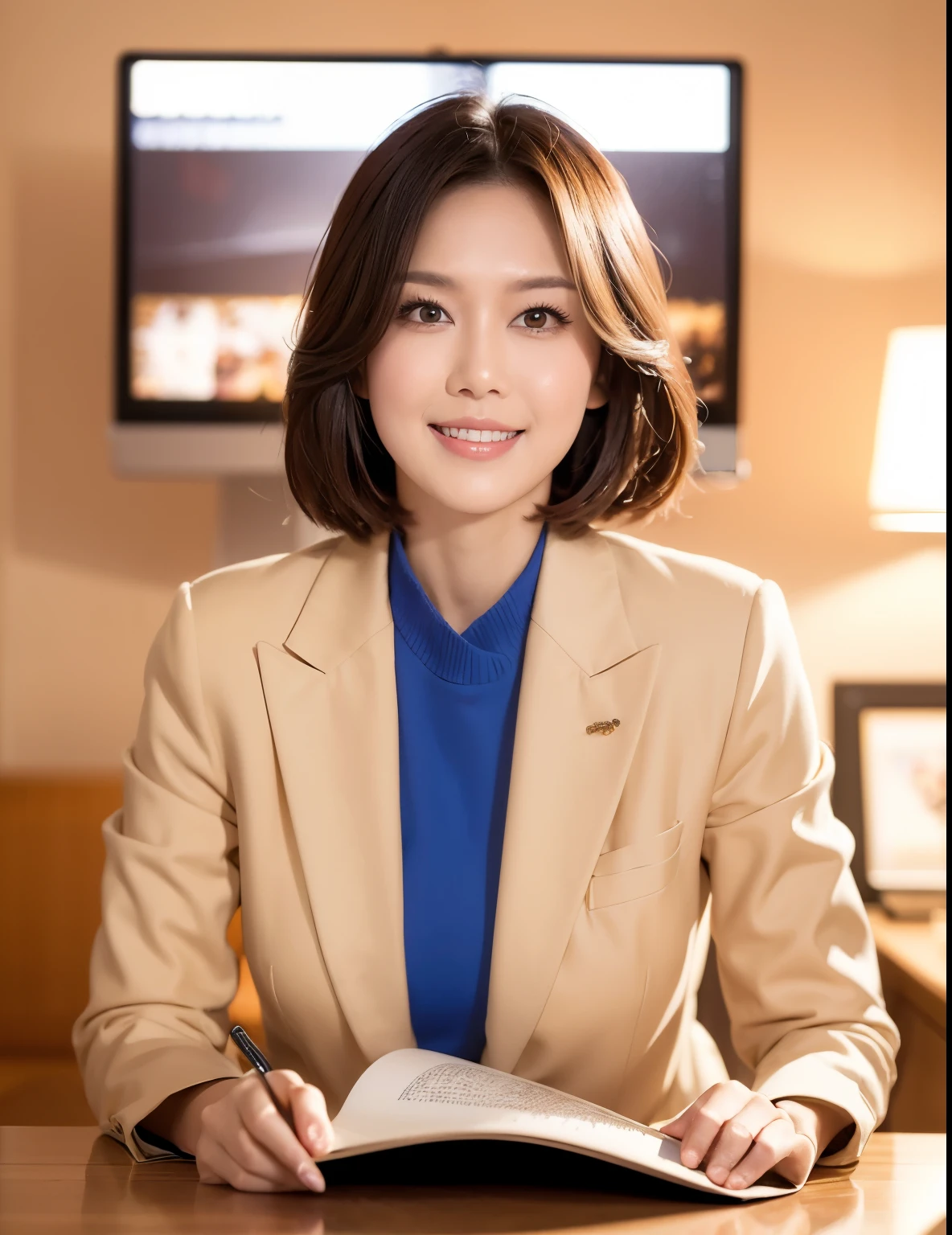 Asian woman wearing cream-colored clothes sitting at a desk, kind and nice，news program, news clip, smile，high quality news clip, news coverage, 夕方のnews program, tv news, girl, news clip, 