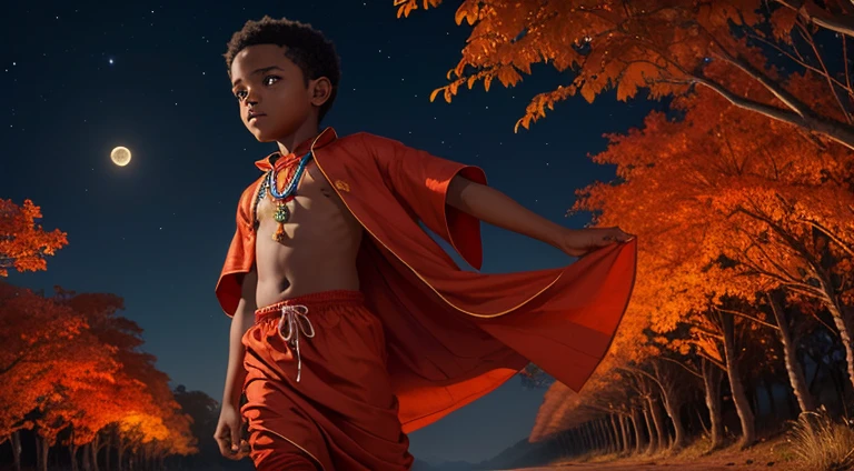 A boy in Indian clothes, roupas cor vermelha, cor de Pele preta, menino negro, indigenous boy, pulando arbustos  no meio da floresta, a noite, ele esta correndo na mata, roupa africano vermelha, menino africano, esta de noite, moon in the sky 