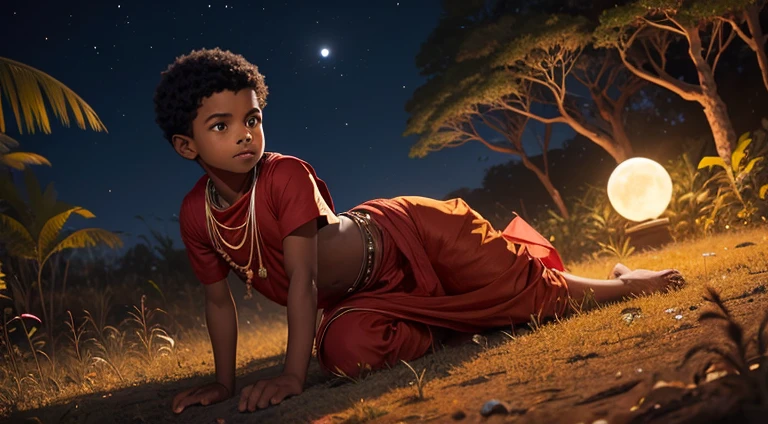 A boy in Indian clothes, roupas cor vermelha, cor de Pele preta, ****** negro, indigenous boy, pulando arbustos  no meio da floresta, a noite, ele esta correndo na mata, roupa africano vermelha, ****** africano, esta de noite, moon in the sky 