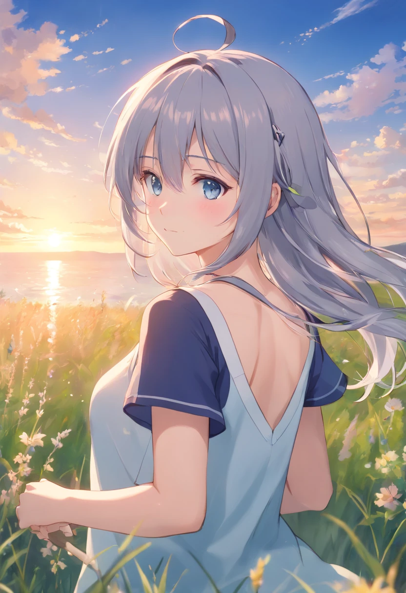 Woman with long white hair and blue eyes standing in meadow，cute女の子たちのアニメビジュアル, gray hairの女の子, 完璧なgray hairの女の子, gray hairの神, gray hair, Kantai Collection Style, anime clouds, 若いanime girl, anime moe art style, anime best girl, (anime girl), anime girl, gray hairの女の子，流れるgray hair，，No sleeve、camisole，, (8K, RAW photo, highest quality, masterpiece:1.2), (realistic, Photoreal:1.37), super detailed, 1 girl, solo, cute, beautiful detailed sky,primary school student，primary school student、height 130，(((No sleeve)))