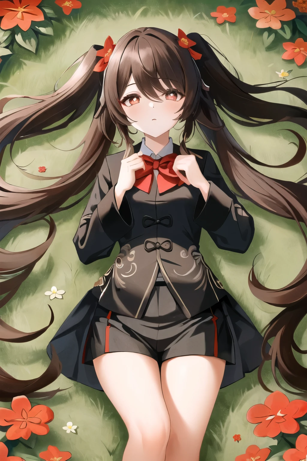 masterpiece, best quality,
1girl, hu tao (genshin impact),lying,flower garden background,twintails, brown hair, solo, symbol-shaped pupils, long hair,bangs, black shorts , Long black shirt, short red skirt,Red bow tie