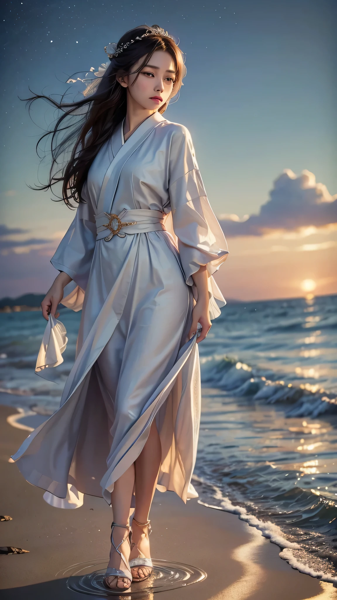 (Close-up:1.4)、(RAW photo:1.2)、(photorealistic:1.4)、(masterpiece:1.3)、(highest quality:1.4)、young japanese woman、(night scenery:1.2)、thin clothes、Very beautiful lovely most beautiful girl、Put one foot in the sea、standing on tiptoe、pretty girl、Landscape、Between the horizon and the sea、view from the side、Ripples spreading from the toes、Standing about 20 meters away、on the sea、The whole scene shineeteors、illumination、
