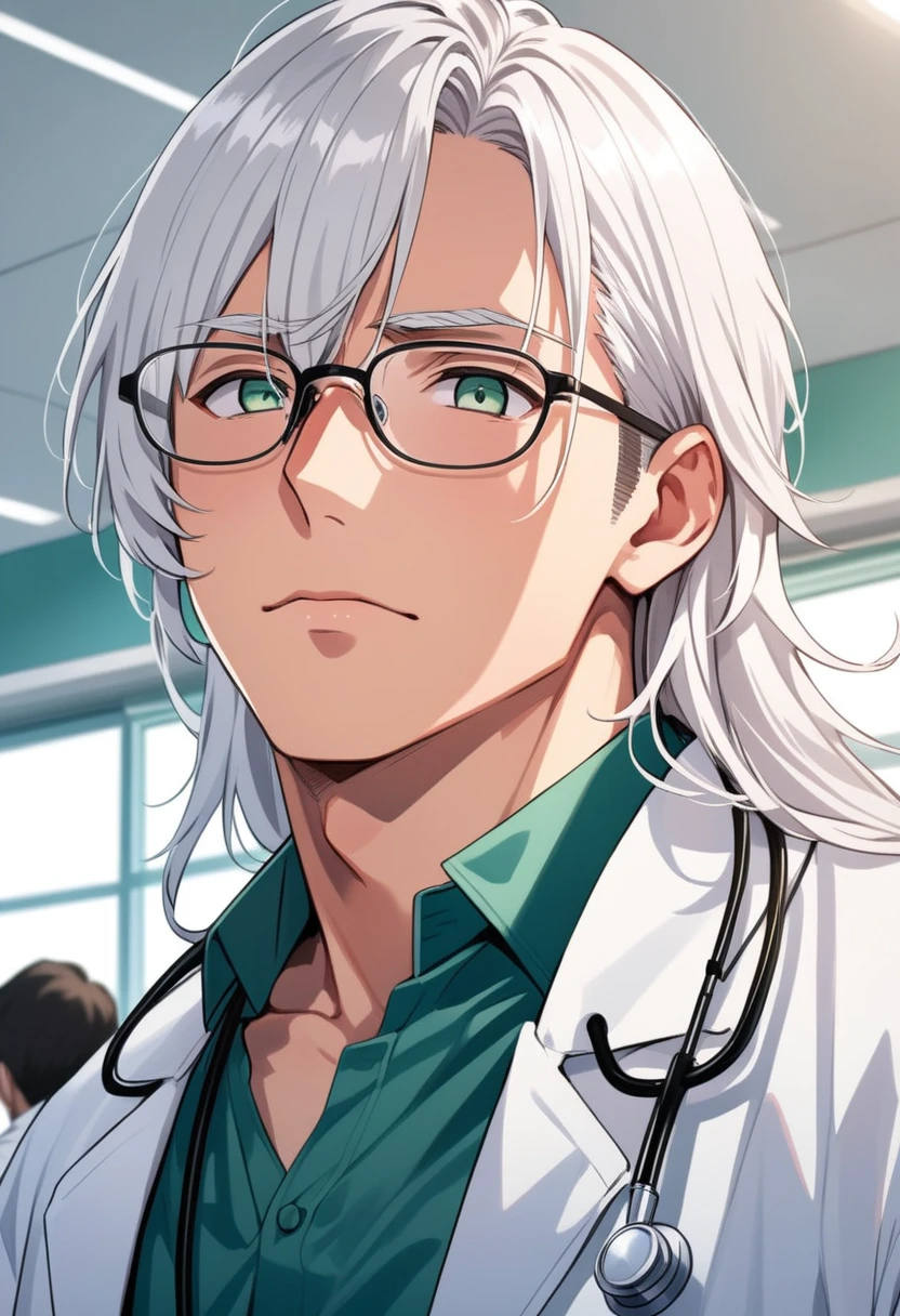 (masterpiece, best quality:1.2), (1boy), solo, 8k, white hair, ((long hair)), glasses, handsome male, very detailed, tall, doctor, anime style, at a hospital, white coat, blushing, beautiful green eyes, dynamic perspective, sharp focus, extremely detailed eyes and face, bangs, from underneath, no focus