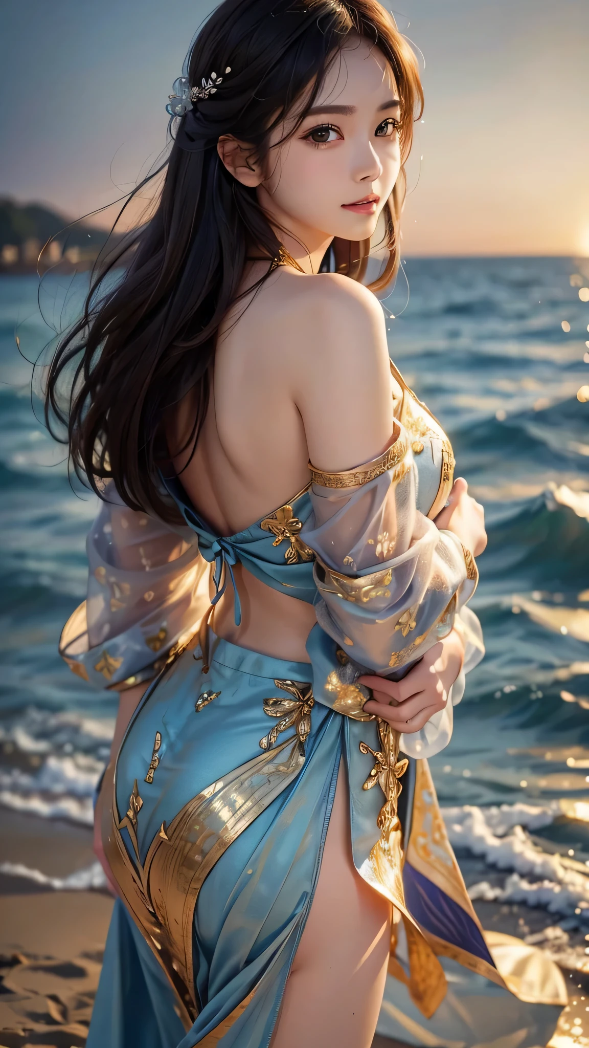 (Front focus),Surrealist portraits of women by David Hockney and Alphonse Mucha,Fantasyart,photographrealistic,动态照明,Art station volumetric lighting,Very detailed faces,8K,Award-Awarded, 1girll, Cowboy shot, long whitr hair, Photo texture,hight contrast,Royal Sister,ssmile,light make-up,evening light,beachside,fastidious,Exquisite facial features,Super high value,Sunset by the sea,early evening,Side face,sideface