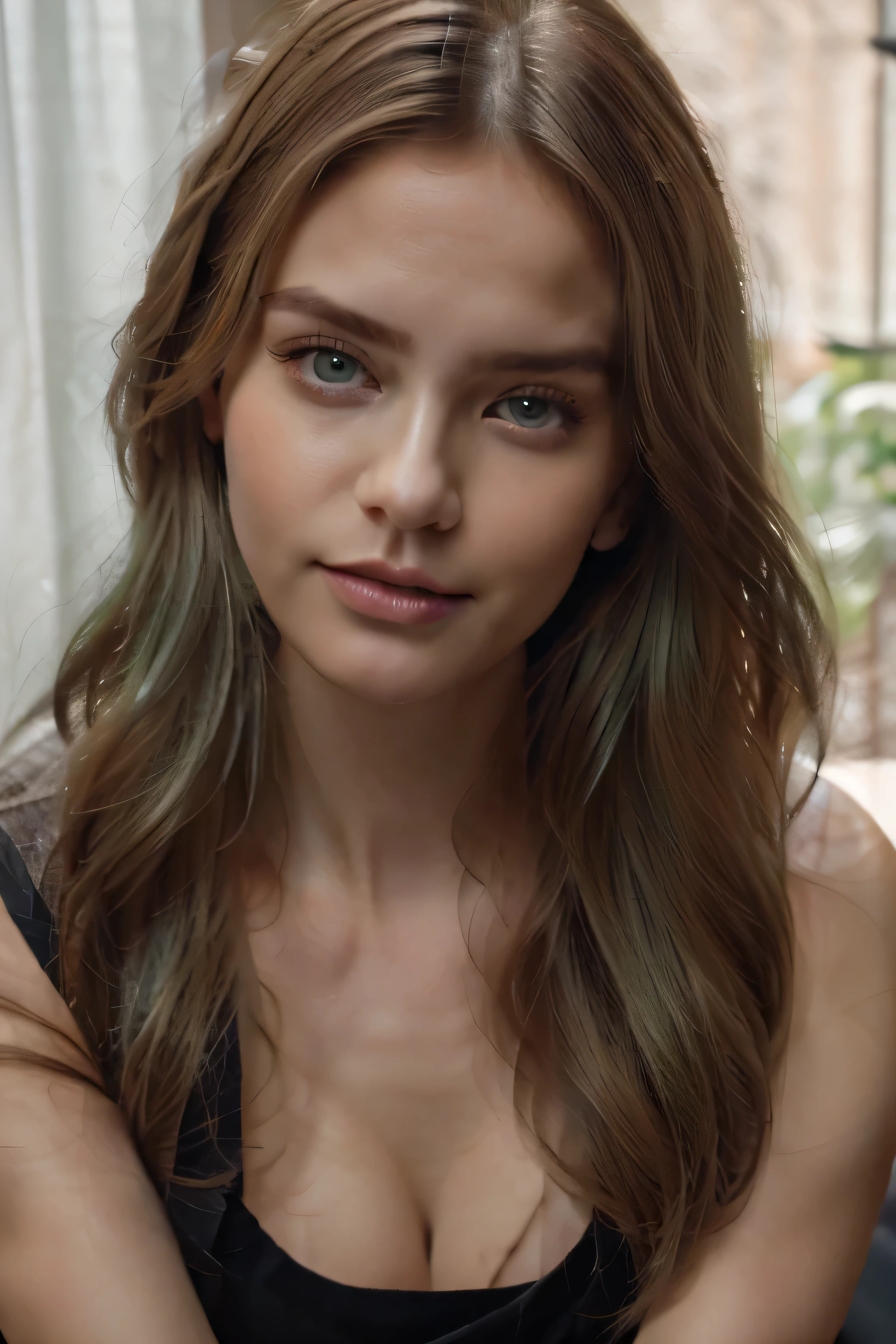 fully clothed, green and large eyes, dark long smooth hair, sexy young woman , no makeup, sitting in cafe, small breast, 8k, ultra realistic , upper body shot, blonde hair, sasha luss