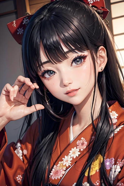 (masterpiece), highest quality, expressive eyes, Cartoon of beautiful Japanese woman with perfect face, MangaKawaiiAnime, beautiful japanese kimono, The kimono has dragon embroidery on it.. The color of the kimono is black and red, Japanese women&#39;s long hair, hair color black, hairstyle ponytail, single eyelid, hooded eye style、A sexy and deep set、Fascinating and enigmatic, facial expression smile, situation beautiful images.