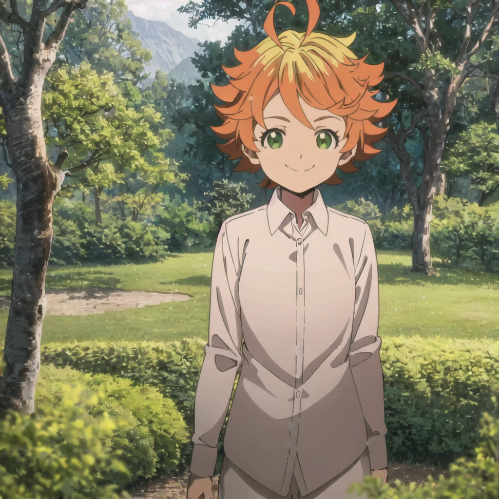 emma, neverland, 1girl, solo, upper body, nature, forest, bush, tree, looking at viewer, smiling, short hair, shirt, long sleeves, green eyes, white shirt, upper body, ahoge, outdoors, collared shirt, orange hair, 