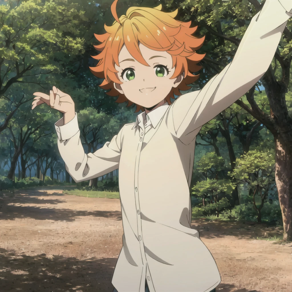 emma, neverland, 1girl, solo, upper body, nature, forest, bush, tree, looking at viewer, smiling, short hair, shirt, long sleeves, green eyes, white shirt, upper body, ahoge, outdoors, collared shirt, orange hair,