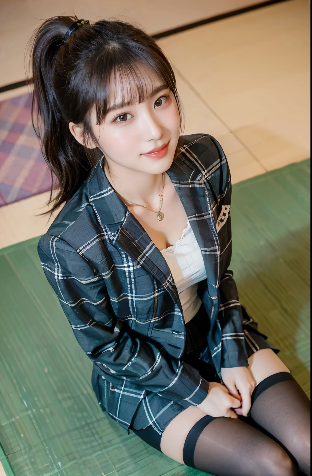 (8K), (highest quality: 1.2), (realistic), (realistic: 1.47), ultra high resolution, 1 girl, cute, smile, closed mouth, thick lips,beautiful details, beautiful nose,straight black hair, giant dulcefo, pork，self snap,University Student Uniform,(Sitting on tatami mats),(Tea Ceremony Club)simple blazer,pleated skirt,(The skirt has a plaid pattern:1.3),cross your legs, From above,(close up on face),thighs,ponytail,necklace,clavicle,opaque knee high tights