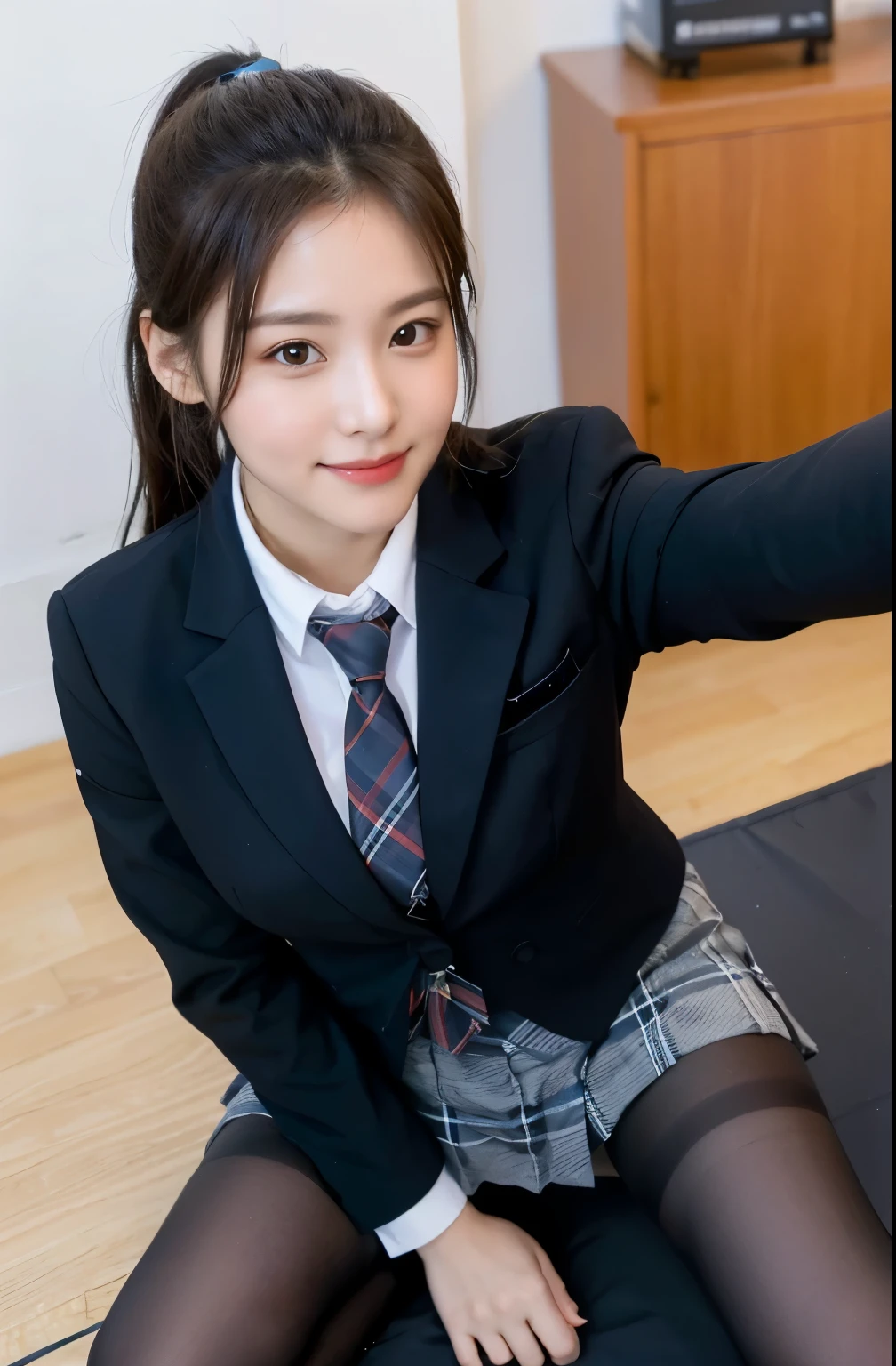 (8K), (highest quality: 1.2), (realistic), (realistic: 1.37), ultra high resolution, 1 girl, cute, smile, closed mouth, beautiful details, beautiful nose,straight black hair, giant dulcefo, pork,University Student Uniform,Sitting straight on tatami,simple blazer,pleated skirt,(The pattern of the skirt and tie is a tartan check pattern...:1.3),cross your legs, From above,(close up on face),thighs,ponytail,opaque knee high tights,selfie