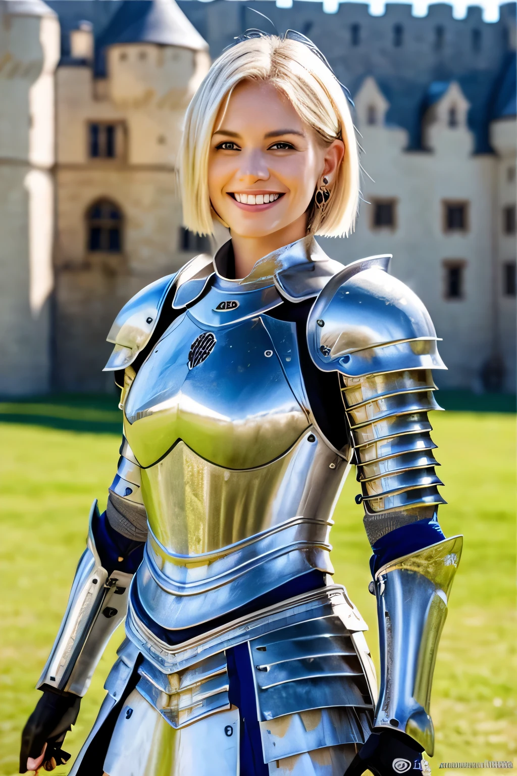 ((最high quality, 8K, masterpiece: 1.3, Ultra HD, high quality, 最high quality, High resolution, realism)) 、(high color saturation:1.0), (highly detailed skin), (最high quality:1.0), (超High resolution:1.0) ,(realistic:1.0), (Super detailed:1.0), (8K, Raw photo:1.1), slender、Slender, muscular body that&#39;s toned like an athlete&#39;s、Jeanne d&#39;Arc、Wearing Western Armor、holding a pole with a flag on it、nice body、I&#39;m on top of a small hill、There are many knights in armor around.