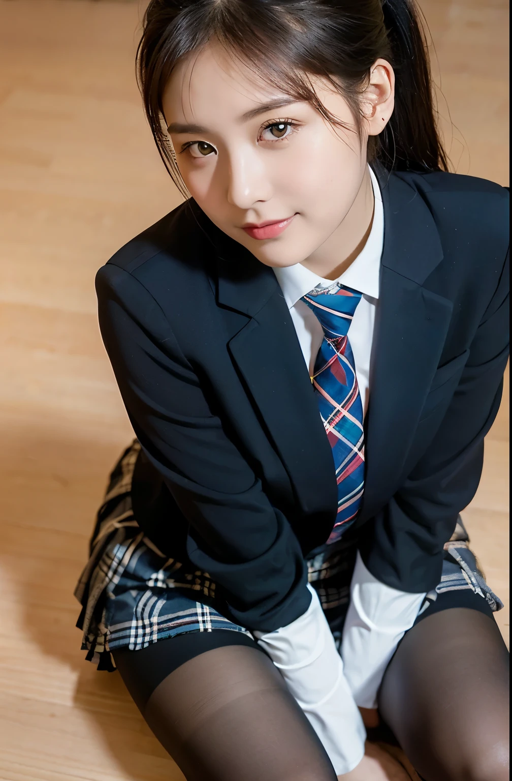 (8K), (highest quality: 1.2), (realistic), (realistic: 1.37), ultra high resolution, 1 girl, cute, smile, closed mouth, beautiful details, beautiful nose,straight black hair, giant dulcefo, pork,self snap,University Student Uniform,Sitting straight on tatami,simple blazer,pleated skirt,(The pattern of the skirt and tie is a tartan check pattern...:1.3),cross your legs, From above,(close up on face),thighs,ponytail,opaque knee high tights
