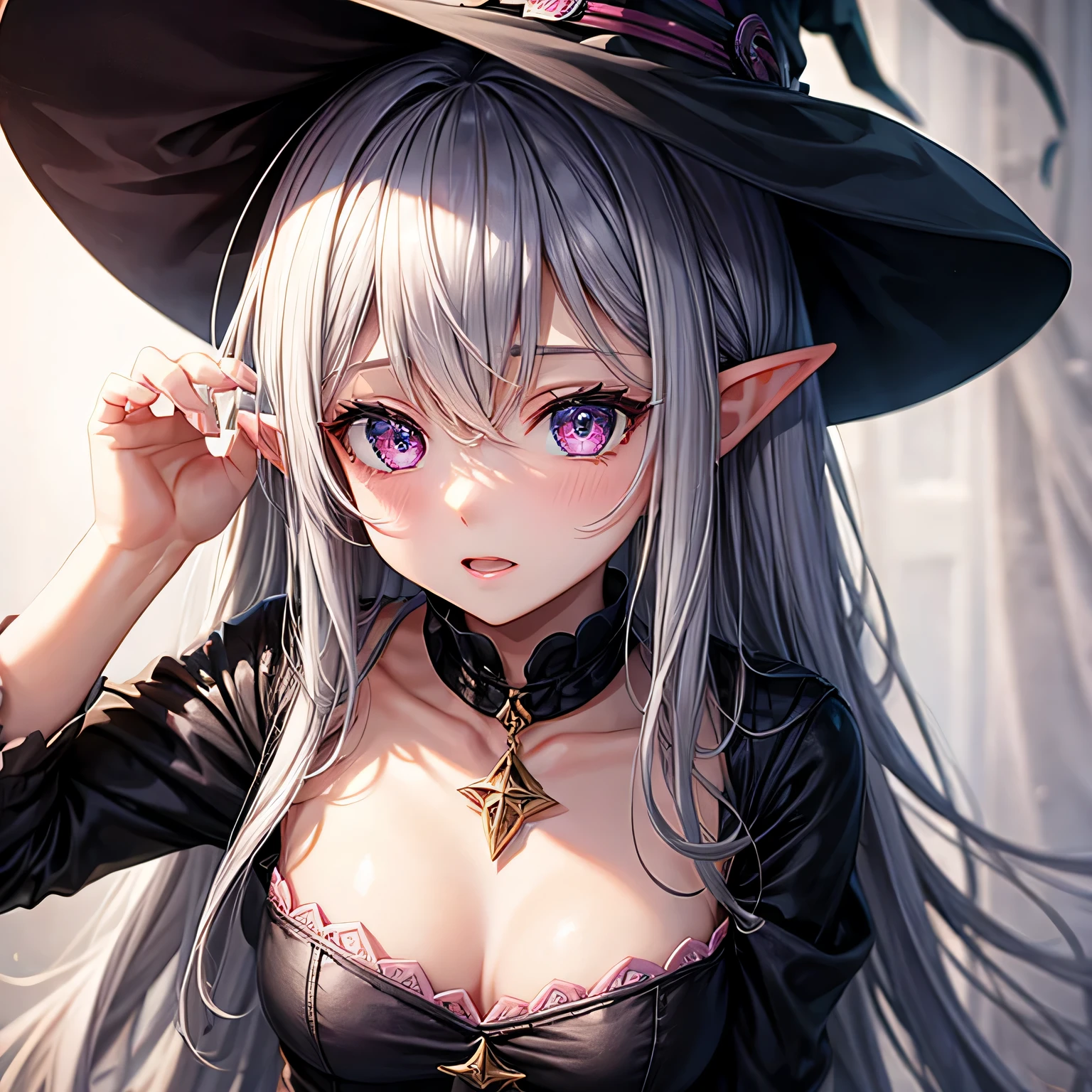 female, girl, teenager, dark gray hair, pink eyes, witch trainee, witch hat, flat expression, dark background, elf ears,
