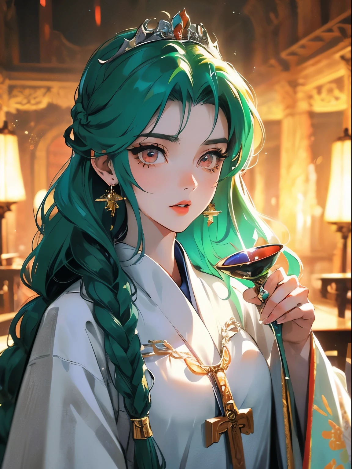 ((masterpiece, best quality)), ((anime girl in the castle hall, retro style)) (1girl, mature, portrait, close up), (solo, elegant beauty, cool woman), (female focus, mature girl), (green hair, braided hair),red eyes, detailed eye, ((priest robe, exposed shoulder, tiara, divine aura), portraits, dramatic lighting, greenish light, calm atmosphere